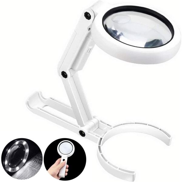 Förstoringsglas med 8 LED-lampor, 5X 11X Handhållen och hopfällbar förstoringsglas & Belysningsbord 2 i 1 Uppgraderingsversion för seniorer och barn (Vit)