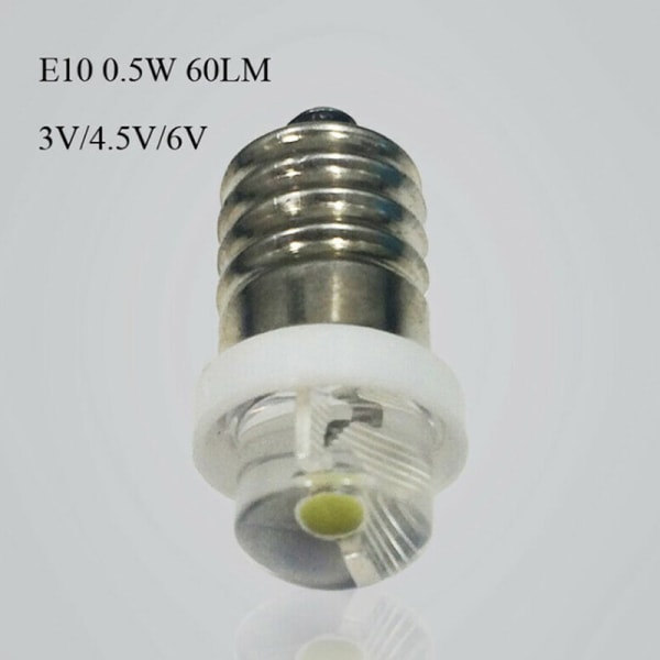 3/4.5/6V 0,5W Lommelyktpære 6000K Hvit LED E10 Sokkel 6V
