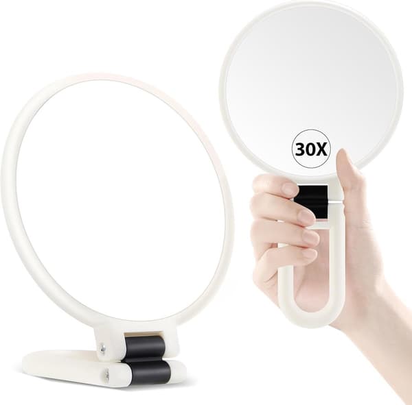 Dubbelsidig handhållen sminkspegel, 1x + 30x förstoring, 360° rotation, resevänlig, vit.