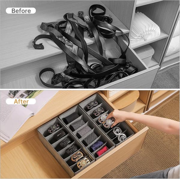 3-delt stofbælteorganizer, velegnet til garderobeskabe og skuffer, foldbar skuffeorganizer med 6 rum, slips-holder, slips-boks - grå