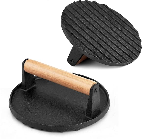 Støpejerns hamburgergrillform 2-delt sett, grilltilbehør, svart med trehåndtak.