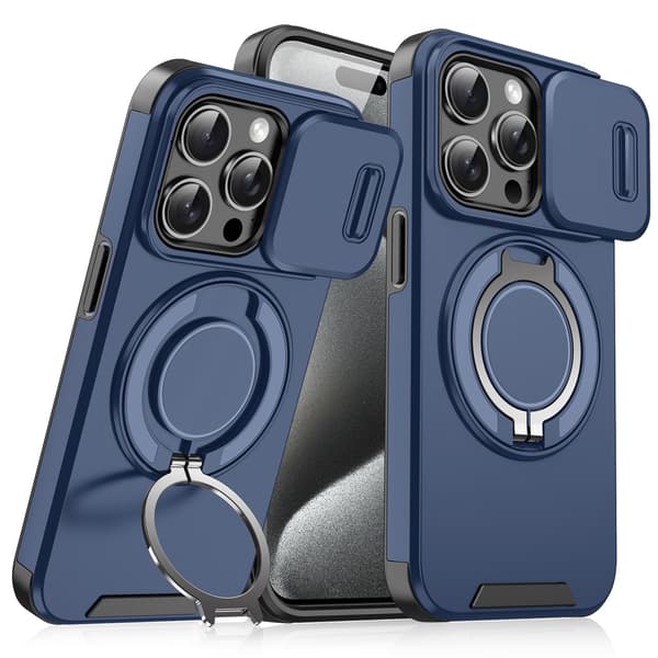 iPhone 16-fodral med telefonstativ och linsskydd, blå