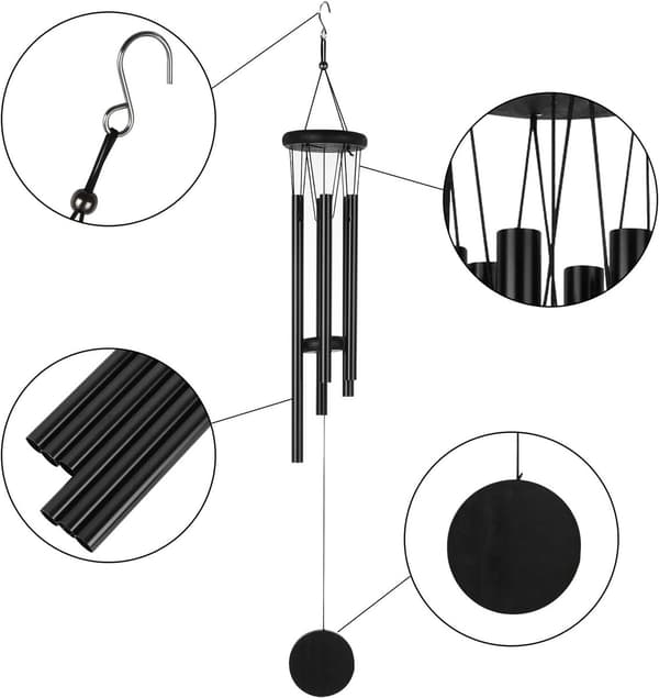 Vindklokke - 70 cm lang - stemte lydrør - Vindfanger - Vindspill - Hagedekorasjon - aluminium - Svart