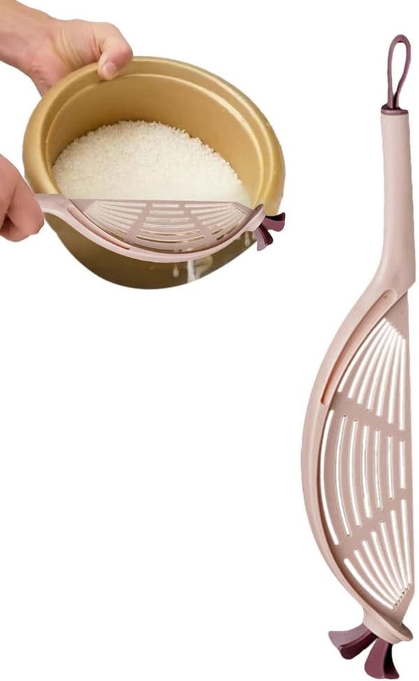 Multifunksjonell risavrenner (rosa), for drenering og oppbevaring av ris, frukt og grønnsaker.