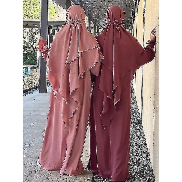 Ramadanin ja Eid-juhlan muslimi-naisten jilbab 2-osainen abaya huivin, pitkän khimarin ja niqabin kanssa, yläpuolelta puettava rukousmekko, islamilainen asu, djellaba, burqa, vaaleanpunainen setti XS-S