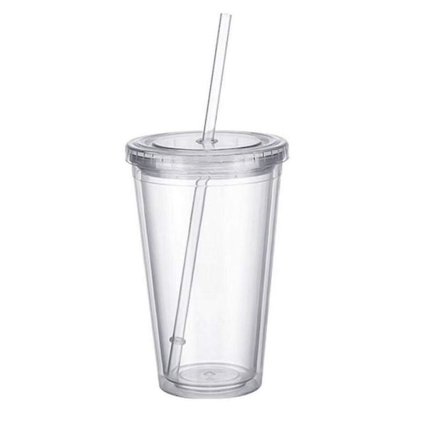 Kaksiseinäinen muovimuki kannella ja pillillä, eristetty kahvimuki, 500 ml, läpinäkyvä