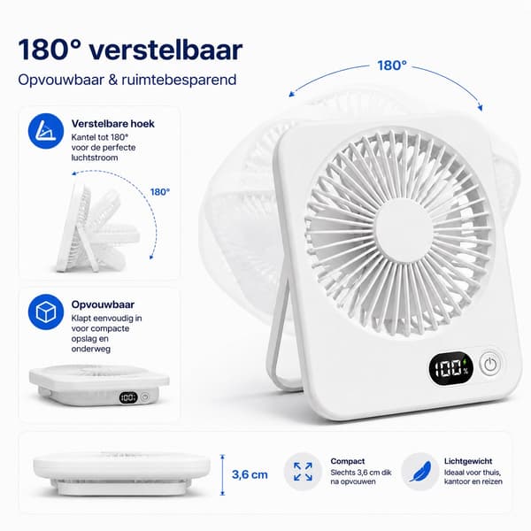 USB-C foldbar bordventilator, LED-skærm, 180° justerbar, 2000mAh batteri.