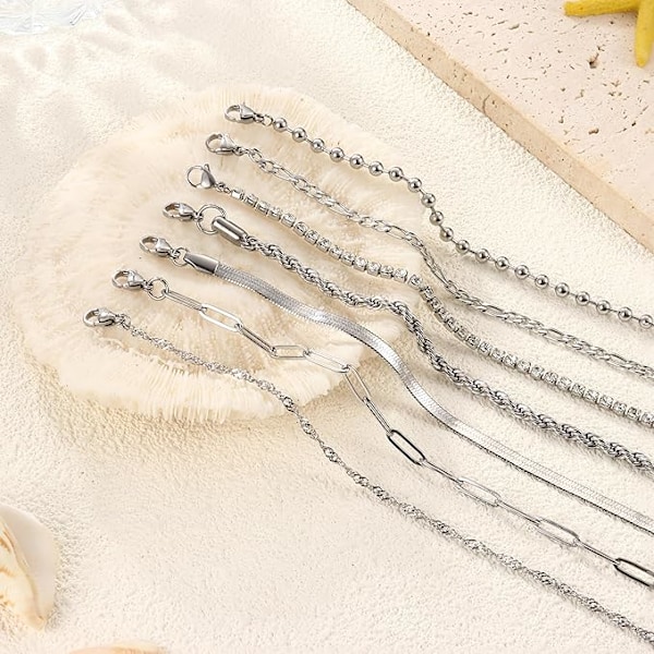 7 st Kedjearmband för Kvinnor 14K Guldpläterade Stapelbara Armband Kubisk Zirkonia Justerbart Länk Charmarmband Set Silver
