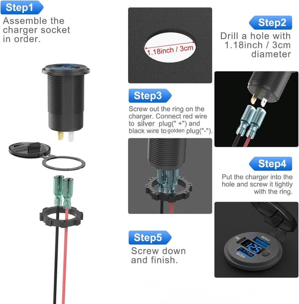 DIY billadekontakt, dobbel QC3.0 + PD3.0, vanntett med voltmeterbryter, 12V, egnet for biler, bobiler og skip.