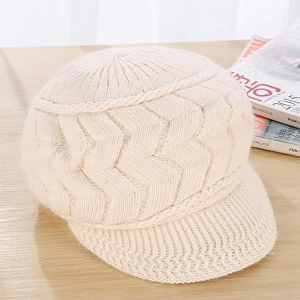 Vinterlue for caps Varm strikket lue Vinterpelsfôret lue for kvinner (beige)