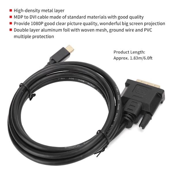 Mini Displayport til DVI Konverterkabel DP Han til DVI Han Kabel til Computer Projektor, Sort