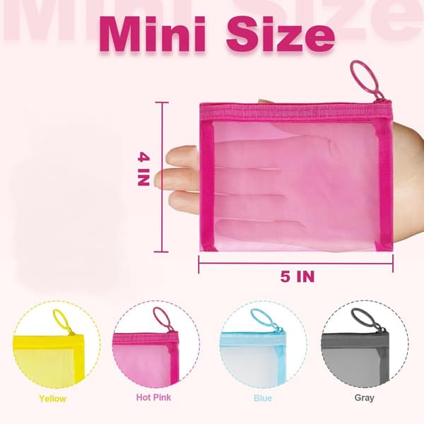 Mini mesh makeup organizer taskesæt, 5 dele, 14 x 10 cm, med lynlås, velegnet til rejser.