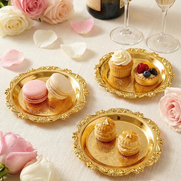 Präglad rund mini dekorativ bricka, set om 6, 10×10×1cm, för bröllopsfester, desserter och aromaterapi, guld.