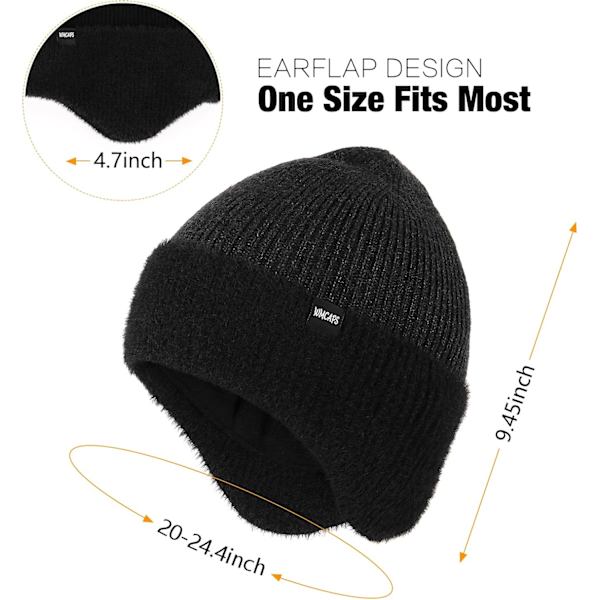 Vinterfleece Line Beanie med Øreklaff for Menn og Kvinner, Utendørs Varmt Termisk Strikket Hette Black