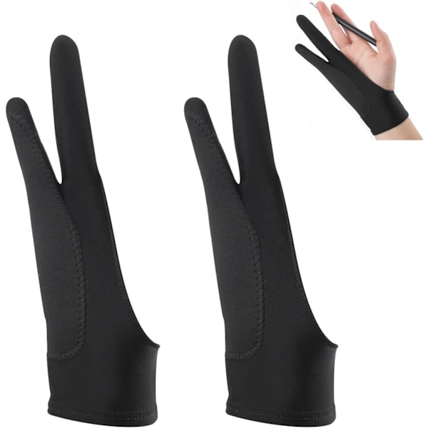 2-pack Ritningskonstnärshandskar, Anti-Smuts Handskar för Grafikplattor, Elastisk Två-Fingers Handske för Konstnärer, Svart