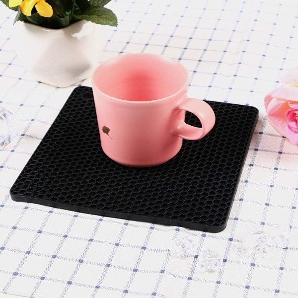 Sæt med 4 skridsikre silikone coasters, ske-holdere, til madlavning og servering (firkantet - sort)