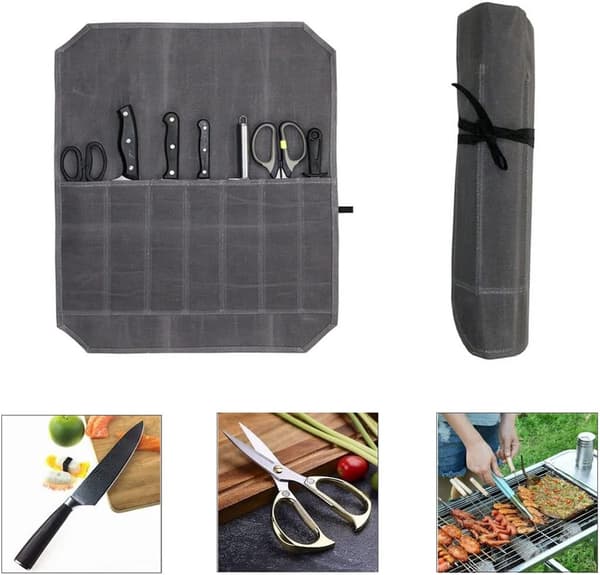 Knivväska - Vaxad Canvas Kockväska - 7 Knivfack - (Grå)