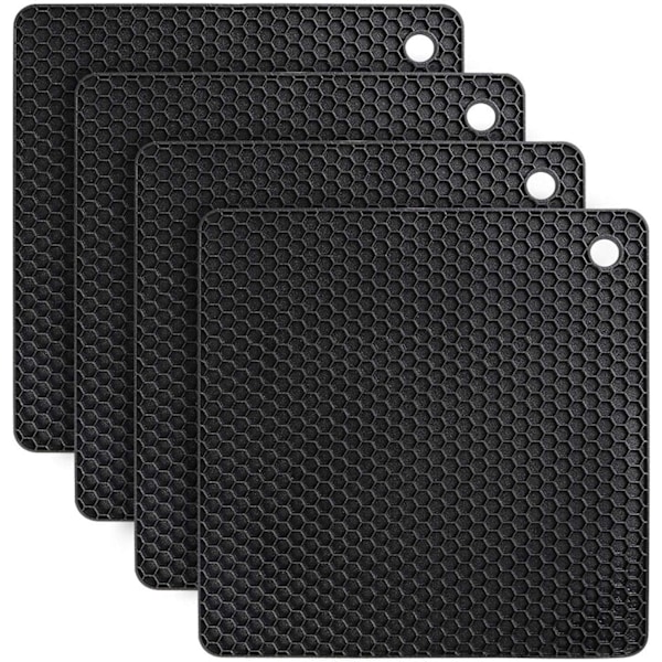 Sæt med 4 skridsikre silikone coasters, ske-holdere, til madlavning og servering (firkantet - sort)