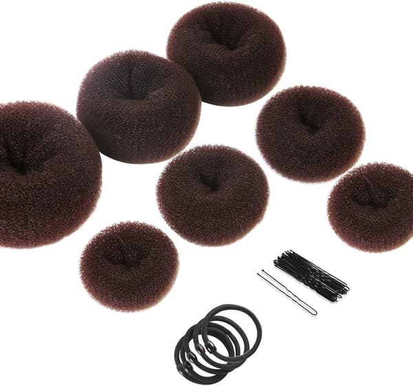 32-delars Donut Bun Maker Set, 7 Hårknutar (1 Extra Stor, 2 Extra Stora, 2 Medium, 2 Extra Stora), 5 Gummiband, 20 Hårnålar, Mörkbrun