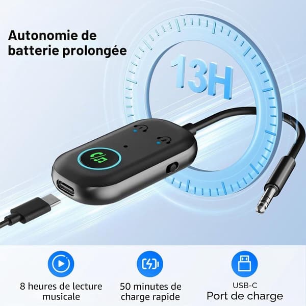 Bluetooth 5.3 transceiver-adapter, 3,5 mm AUX, understøtter dobbelte hovedtelefoner, TV og billydsystemer.