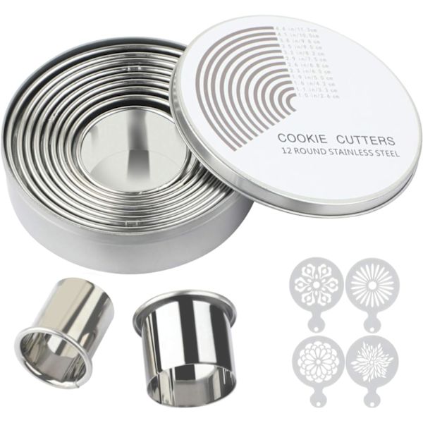 Multirunda Kakformar Set med 4 Kaffemallar Rostfritt Stål Keksformar 12 Stycken med Förvaringslåda (φ2,6-11,3 cm)