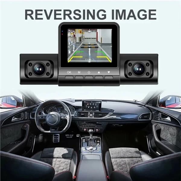 AutoDVR dashcam med 1080P nattsyn og parkeringsmonitor; 4 kameraer, førerside.