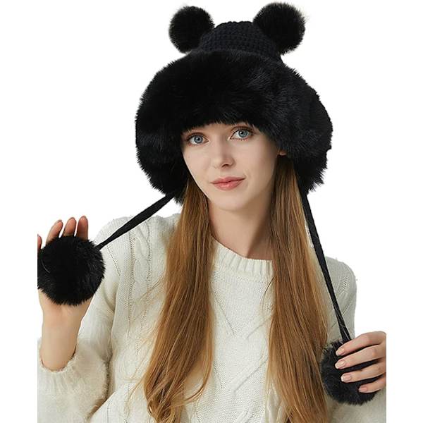Damer Hatte Vinter Dobbelt Pom Pom Sød Russisk Hat Kunstig Pels Trendy Til Udendørs Ski Sort A Black A