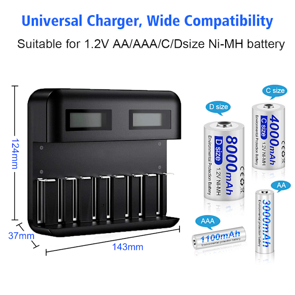 Universell LCD-batteriladdare, 8-fack AA/AAA/C/D-laddare med USB-port, typ C-ingång, snabbladdning, uppladdningsbar