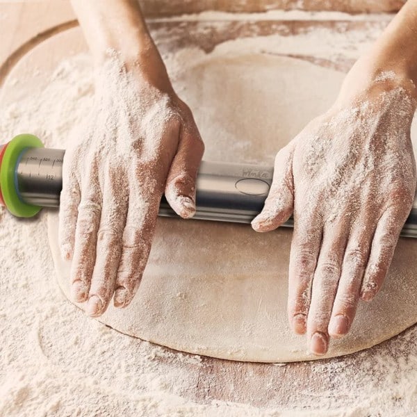 Kjevle i rustfritt stål, kjevle med justerbar form og målemerker, bakeplate i silikon, for bakverk 45 cm