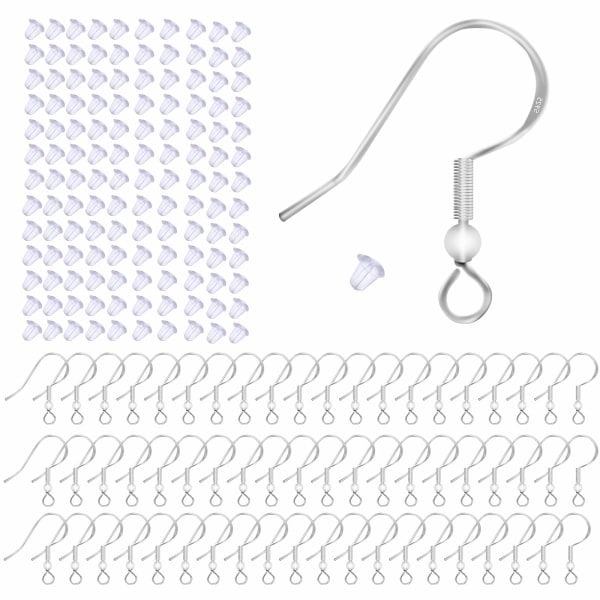 100 stk. 925 Sterling Sølv Ørehooks, Ørehooks Hypoallergeniske Smykkehooks DIY Øretråde med 100 Klart Gummi Ørebacks