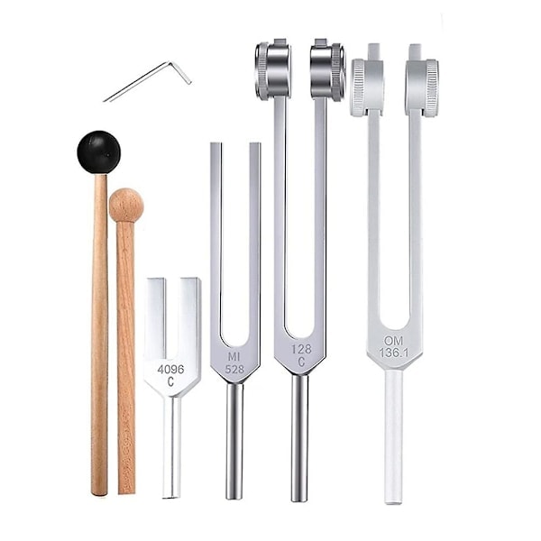4-pack Stämgaffelset (128Hz, 136.1Hz, MI 528Hz, 4096Hz), för chakrahealing, ljud, stressreducering