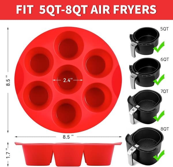 ING 2-delt silikone æggekageforme til airfryer, 7-kops runde muffinforme cupcake bageforme til ovn, airfryer og pande