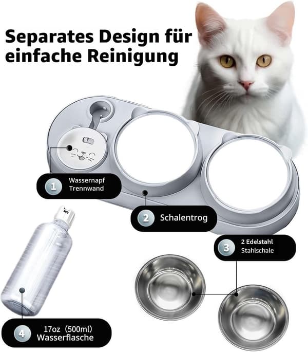 3-i-1 foder- og vandset til kæledyr, 15° vippedesign, velegnet til både katte og hunde.