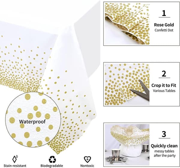 Tredelad vit och guld festduk engångs för rektangulära bord guld prickar konfetti för födelsedagsfester babyshower 137cm 274cm