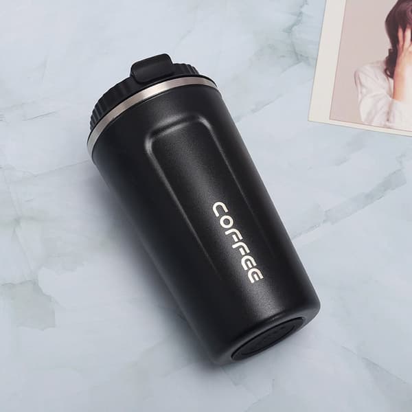 Premium Kaffekop i Rustfrit Stål til Takeaway - Isoleret Krus - Tekop - 380ml - Sort