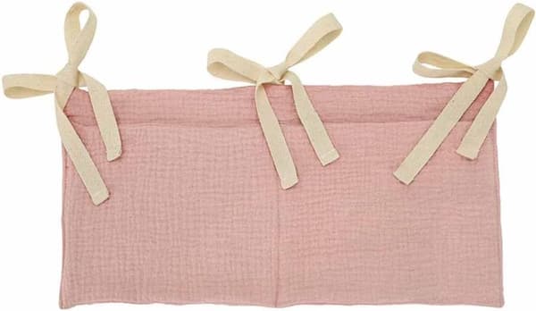 Opbevaringspose til tremmeseng i bomuld med 2 rum til tremmeseng og legetøj (pink)