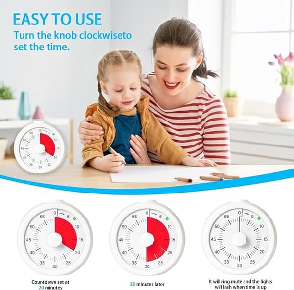 Børnevenlig timer, 60-minutters nedtællingstimer, velegnet til klasseværelse, studie, kontor og køkken, lydløs drift, timer (hvid stil 3)
