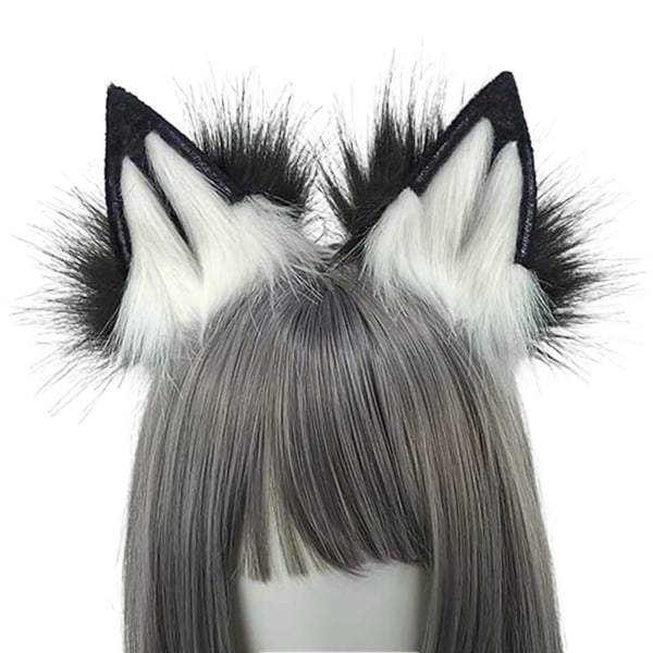 Plush Ulvehale og Hodebånd for Cosplay Halloweenfestkostyme for Kvinner Svart og hvit ulv