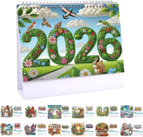 5D Diamantmaleri Skrivebordskalender, 2026-utgaven, Månedlig Planlegger Skrivebordsdekorasjon, Stil E