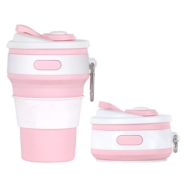 Resemugg - Hopfällbar silikonmugg med lock, Blå + Rosa (350ml)