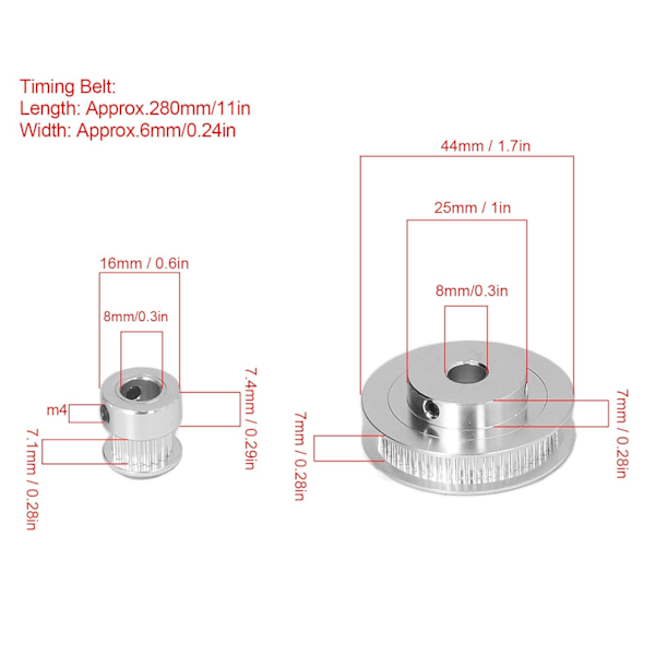 Tidsreimskiversett 20/60 Tenner Aluminium Synkron Hjul med 280mm Tidsreim for 3D-skrivere, 8mm Bore