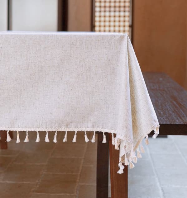 Bordsduk med fransar, 180 x 145 cm Linne Polyester Bordsduk Bordslinne, Beige