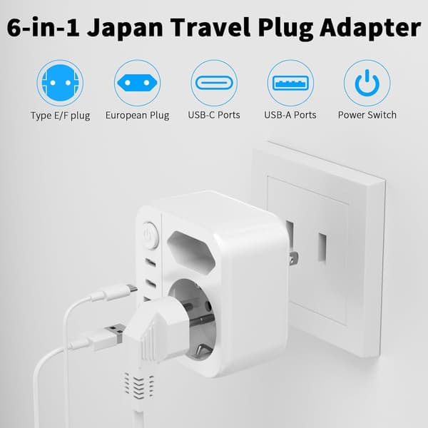 6-i-1 japansk reseadapter, 2500W, 2 USB-C + 2 USB-A, tysk standard till A-typ, universellt kompatibel.