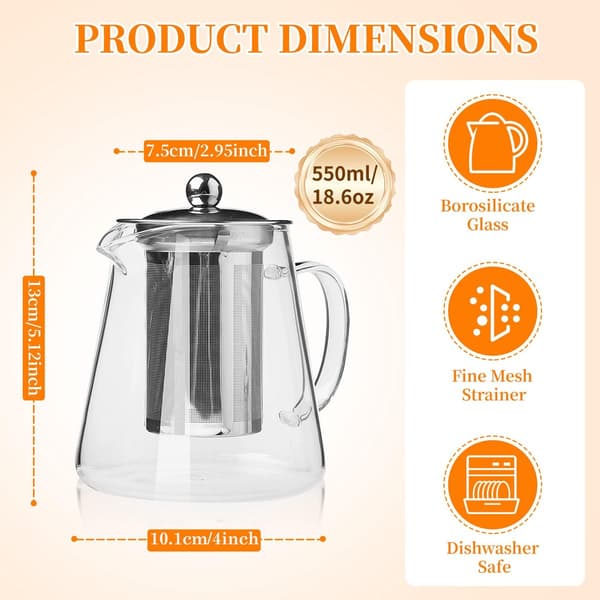 ss tekande med rustfrit stål si, borosilikat ss tekande, transparent tebeholder til løs te (550 ml)