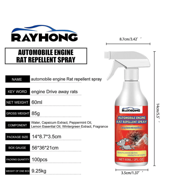 Auton moottorin rotta- ja hiirihylkiväsuihke Luonnollinen ajoneuvon suoja 60ml Monivärinen