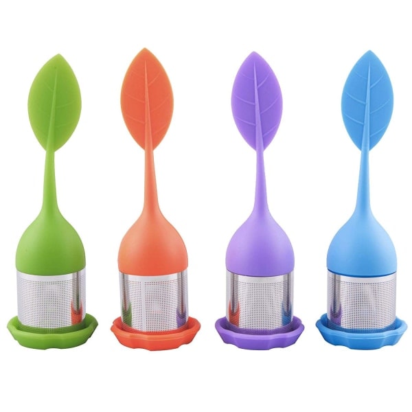 4-pak te-infuser, rustfrit stål netsi med BPA-fri silikone stilk og drypbakke