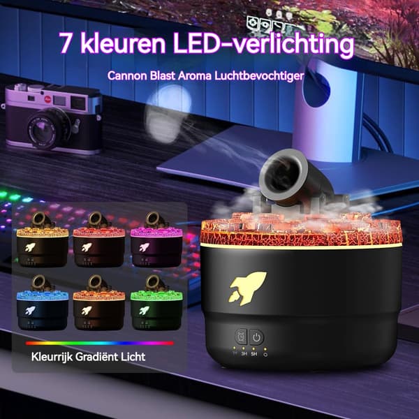Luftfugter -2 spraytilstande-lydløs luftfugter-280ML-LED lys-Duftspreder- Kanon luftfugter (sort)