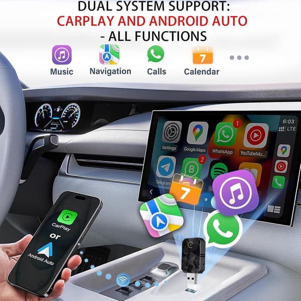 Trådløs CarPlay-adapter, plug and play, kompatibel med iPhone/Android, null forsinkelse.