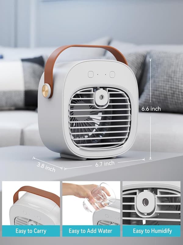 Mini vandkølet luftkøler, genopladelig, tre-trins skrivebordsventilator, hvid.
