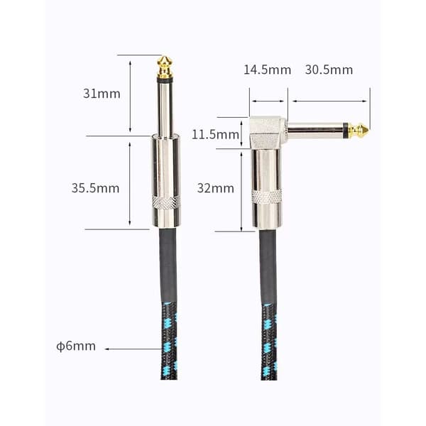 Flätad Gitarrkabel 3M Gitarrinstrumentkabel 6,35mm Rät Vinkel till Rak Svart Blå
